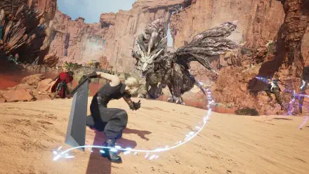 4K Ultra HD PC desktop wallpaper of video game Final Fantasy heroes Cloud Strife, Vincent Valentine and Cid Highwind fighting a towering beast in a sunlit desert canyon.