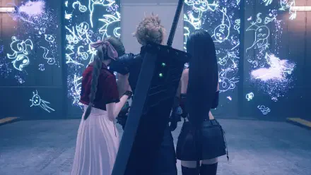 HD PC desktop wallpaper of Final Fantasy trio, Cloud Strife with Buster Sword between Tifa Lockhart and Aerith Gainsborough in a neon-lit room with glowing sketches.
