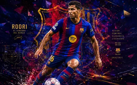 4K desktop wallpaper of a soccer player in FC Barcelona kit sprinting with the ball amid dynamic, explosive neon graphic effects.