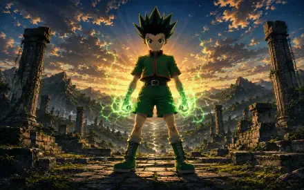 Gon Freecss from Hunter x Hunter standing amid ruined pillars at sunset, aura glowing green around his fists — 4K Ultra HD PC desktop wallpaper background.