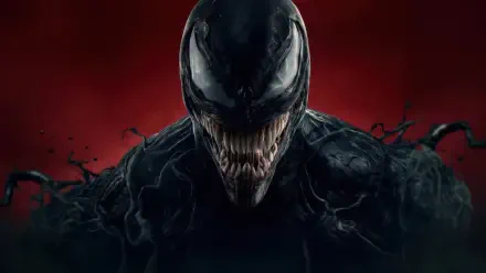 Digital art 4K Ultra HD PC desktop wallpaper and background: Venom’s menacing black symbiote form with glossy white eyes, razor teeth and writhing tendrils on a blood-red backdrop.