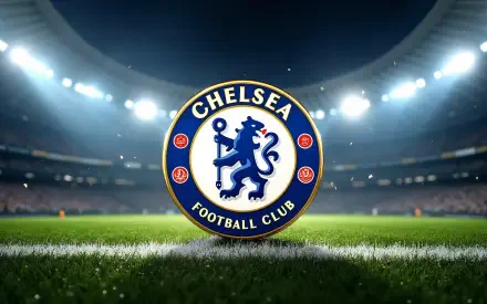 Chelsea F.C. logo on a floodlit soccer stadium pitch, 4K Ultra HD PC desktop wallpaper background conveying the club's soccer sports atmosphere.