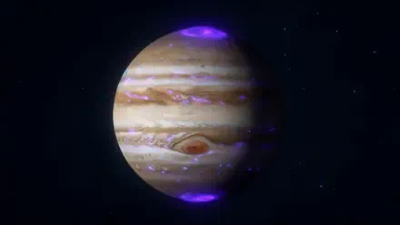 4K Ultra HD PC desktop wallpaper of Jupiter with cloud bands, the Great Red Spot, and vivid purple auroras at its poles against a starry black background.