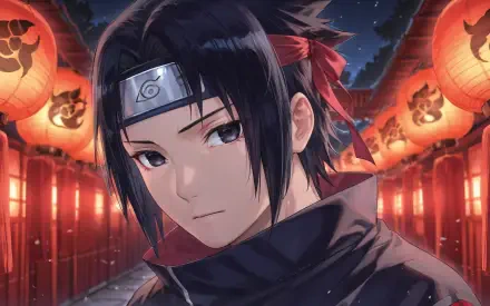 Sasuke Uchiha (Naruto) 4K Ultra HD PC desktop wallpaper: close-up at night beneath glowing red lanterns, wearing his Konoha headband and dark cloak, calm, serious expression.