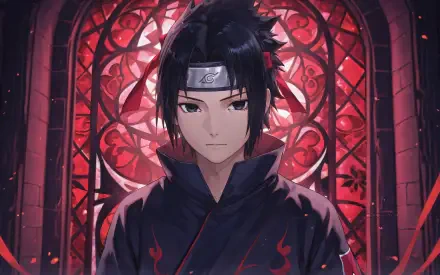4K Ultra HD PC desktop wallpaper of Sasuke Uchiha (Naruto): solemn, dark-cloaked figure framed by a glowing red stained-glass window.