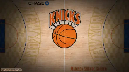 New York Knicks logo at center court on a polished NBA hardwood floor with Madison Square Garden markings — 4K Ultra HD PC desktop wallpaper/background.