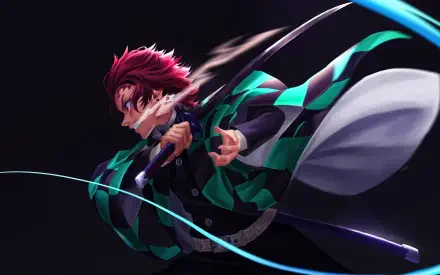 Tanjiro Kamado (anime) mid-swing with his blade, green‑black checkered haori and swirling blue water effects on a dark backdrop — 4K Ultra HD PC desktop wallpaper/background.