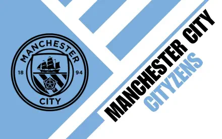 Manchester City F.C. circular logo on a blue-and-white diagonal 2K Quad HD PC desktop wallpaper, with bold MANCHESTER CITY and highlighted CITIZENS text.