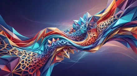 Abstract geometric polygon wave in vivid blues, oranges, and purples — 5K Ultra HD PC desktop wallpaper/background with faceted, flowing polygonal structures.