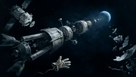 4K Ultra HD PC desktop wallpaper: a damaged space station and spacecraft surrounded by satellite fragments and space debris, an astronaut glove drifting with the moon in the distance.