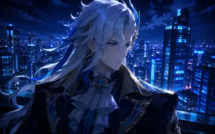 Neuvillette (Genshin Impact) anime portrait with flowing hair against a neon city skyline at night, 4K Ultra HD PC desktop wallpaper/background.