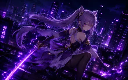 Keqing (Genshin Impact) crouches on a neon-purple rooftop, wielding a glowing sword amid a futuristic city — anime 4K Ultra HD PC desktop wallpaper/background.