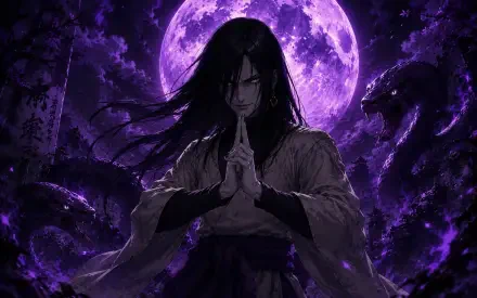 Orochimaru (Naruto) anime 4K Ultra HD PC desktop wallpaper: ominous purple full moon, coiling snakes, Orochimaru with flowing hair and hands clasped.