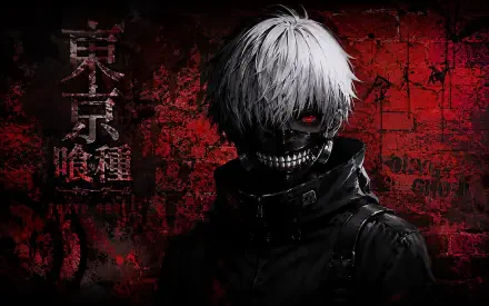 4K Ultra HD PC desktop wallpaper: Ken Kaneki (anime) — pale white-haired, wearing a black coat and ghoul mask with one glowing red eye against a blood-red textured background.