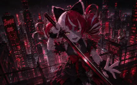 4K Ultra HD PC desktop wallpaper of Kureiji Ollie, Virtual YouTuber — a grinning zombie idol in red-black attire wielding a katana against a neon-lit dystopian city skyline.