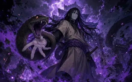 Orochimaru (Naruto) anime 4K Ultra HD PC wallpaper: dark, menacing figure with long hair and coiling snake amid purple lightning and swirling shadows.