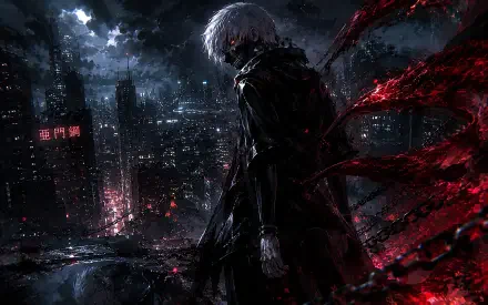Ken Kaneki (anime) in a 4K Ultra HD PC desktop wallpaper/background: white‑haired ghoul in a rain‑soaked neon city, dark coat and red kagune tendrils unfurling against a moody skyline.