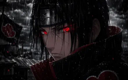 Itachi Uchiha (Naruto) standing in rain with glowing Sharingan, Akatsuki cloak — dramatic 4K Ultra HD PC desktop wallpaper and background.