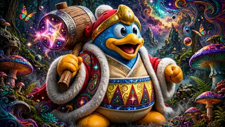 Vibrant 4K Ultra HD PC desktop wallpaper of King Dedede the duck, grinning in ornate robes and fur trim, brandishing his giant hammer amid colorful, psychedelic mushrooms and stars.