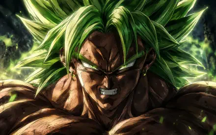 Broly (Dragon Ball) snarling with glowing green hair and energy aura, muscular torso in an intense anime close-up — 4K Ultra HD PC desktop wallpaper/background.
