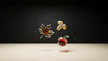 4K Ultra HD PC desktop wallpaper: aesthetic fall scene of a red apple, golden seeds and glass-like shards suspended above a neutral surface against a dark backdrop.