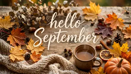 4K Ultra HD PC desktop wallpaper: hello September script on a rustic table with autumn leaves, a pumpkin, coffee mug and knit scarf, warm autumn background.