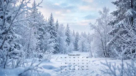 February 2027 calendar over a 5K Ultra HD PC desktop wallpaper: a winter, snow-covered forest landscape.