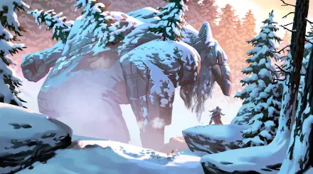 Valheim 5K Ultra HD PC Desktop Wallpaper and Background: colossal mammoth elephant carved in snow among frosted pines, a lone traveler standing at its feet.