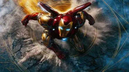 Iron Man in a dynamic overhead flight pose with glowing arc reactor and repulsors, bursting from debris and energy rings — digital art 4K Ultra HD PC desktop wallpaper/background.