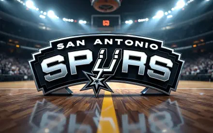 4K Ultra HD PC desktop wallpaper and background: bold San Antonio Spurs NBA logo centered on glossy hardwood court under arena lights, crowd blurred in the distance.