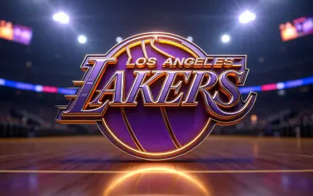 4K Ultra HD PC desktop wallpaper: bold Los Angeles Lakers NBA logo glowing over a hardwood court under arena lights, purple and gold team colors with stadium backdrop.