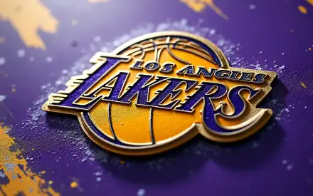 4K Ultra HD PC desktop wallpaper of the Los Angeles Lakers NBA logo — gold and purple basketball emblem on a textured purple background with paint splatters.
