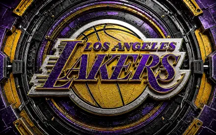 4K Ultra HD PC desktop wallpaper showing a metallic Los Angeles Lakers NBA logo in purple and gold centered on a textured, circular industrial background.