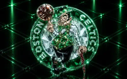 4K Ultra HD PC wallpaper of the Boston Celtics NBA logo: glittering leprechaun mascot in neon green and crystal textures against a dark, grid-like background.
