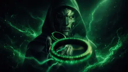 4K Ultra HD digital art PC desktop wallpaper: Doctor Doom in a hooded armored mask, conjuring a glowing green energy ring amid emerald lightning and smoky aura.
