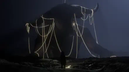 Resonance: A Plague Tale Legacy HD PC desktop wallpaper and background — lone figure faces a colossal horned beast wrapped in glowing ropes in a dark landscape.