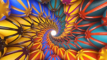 Abstract rainbow spiral tunnel of interlocking colorful segments, vibrant 4K Ultra HD PC desktop wallpaper/background.