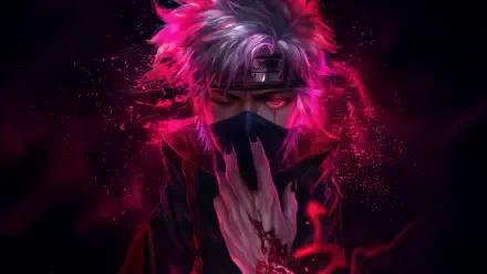 Kakashi Hatake (Naruto) in a dramatic pink-red aura, masked and raising a hand, stylized 5K Ultra HD PC desktop wallpaper background.