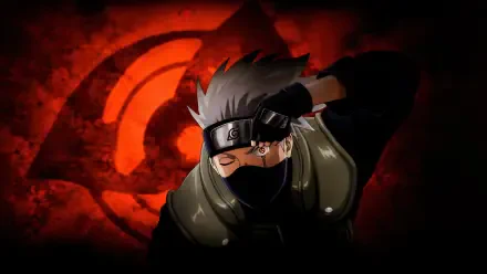 Kakashi Hatake (Naruto) in 4K Ultra HD PC desktop wallpaper: masked shinobi adjusting his headband against a red Sharingan-symbol backdrop.