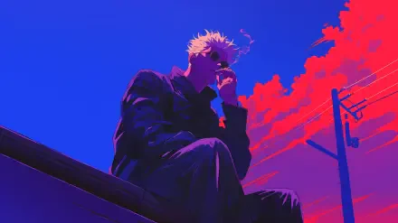 Satoru Gojo (Jujutsu Kaisen) seated on a rooftop, silhouetted against a vivid blue and magenta sky, smoking; 5K Ultra HD PC desktop wallpaper background.