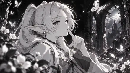 Monochrome 2K Quad HD PC desktop wallpaper of Frieren from Frieren: Beyond Journey's End — an elf-like mage in a sunlit forest, posed thoughtfully among fluttering butterflies.