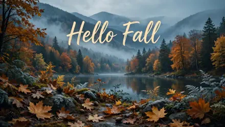 HD PC desktop wallpaper reading Hello Fall over a fall landscape: a tranquil lake reflecting misty mountains, colorful autumn trees and fallen maple leaves.