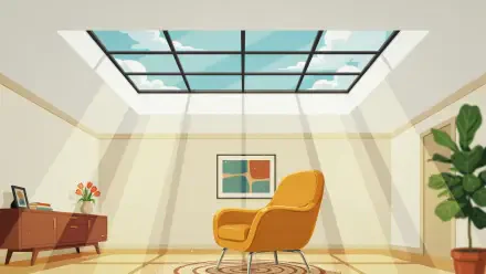 2K Quad HD PC desktop wallpaper: bright interior room with large skylight, yellow armchair on rug, sideboard and plant, framed art — minimalist cozy background.