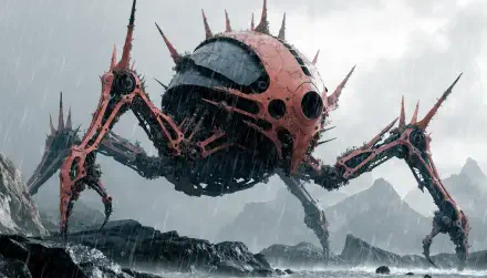 2K Quad HD PC desktop wallpaper and background: spiked crimson spider mech — a colossal mechanical spider striding across rain‑lashed rocky shores in bleak sci‑fi style.