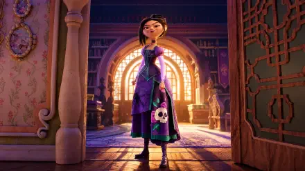 4K Ultra HD PC desktop wallpaper: Steps (2026) girl in a purple dress stands on sunlit library steps beneath an ornate arch, skull motif on her skirt, warm golden backlight.