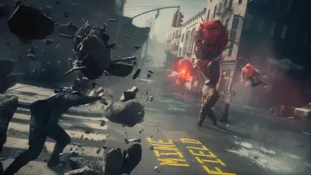 4K Ultra HD PC desktop wallpaper Control Resonant by Dylan Faden — a telekinetic hero hurls rubble down a city street as glowing red monsters advance in a chaotic battle.