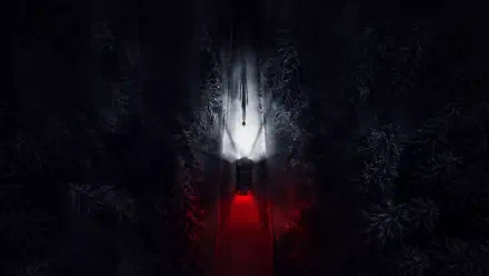 Resident Evil: Night Zero 4K Ultra HD PC desktop wallpaper and background — white searchlight pierces a dark pine forest, revealing a blood-red road and a tense, eerie atmosphere.