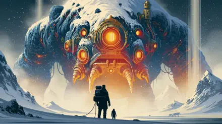 Sci Fi alien mecha monster 2K Quad HD PC desktop wallpaper and background: a glowing-eyed mechanical behemoth towers over a snowy plain as an astronaut and small companion stand below.