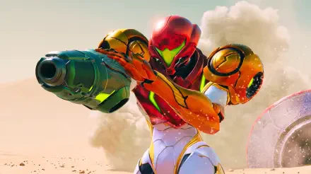 5K Ultra HD PC wallpaper: Samus Aran from Metroid Ravenous in her Power Suit, aiming her arm cannon amid a dusty alien sky — video game artwork by Nintendo.
