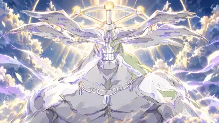 Mahoraga from Jujutsu Kaisen depicted as a radiant angelic giant with a multi-winged halo, luminous energy and thunderous light — 4K Ultra HD PC wallpaper.